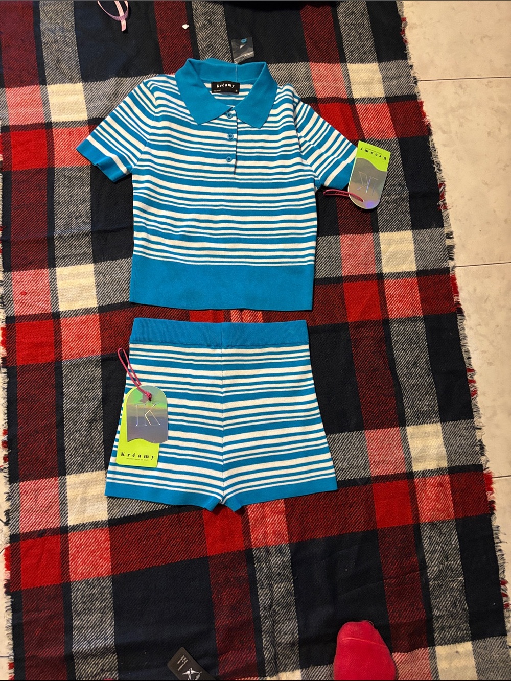 Girl's Blue & White Striped Short-Sleeve Polo Top for Women